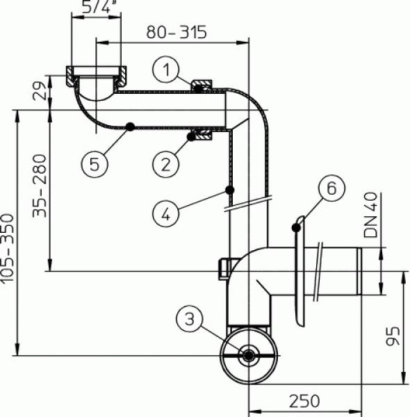 Raumspar-Waschtisch-Möbelsiphon DN40x5/4" HL137/40